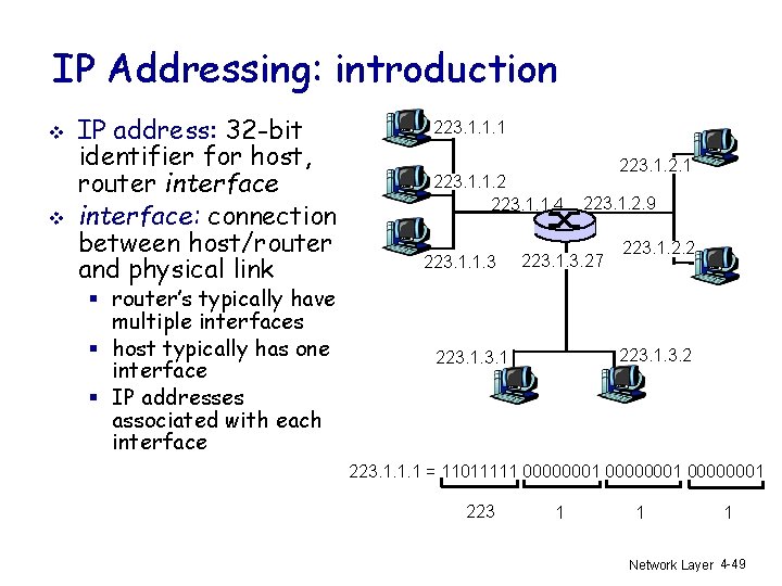 IP Addressing: introduction v v IP address: 32 -bit identifier for host, router interface: