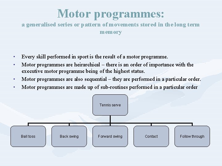 Motor programmes: a generalised series or pattern of movements stored in the long term