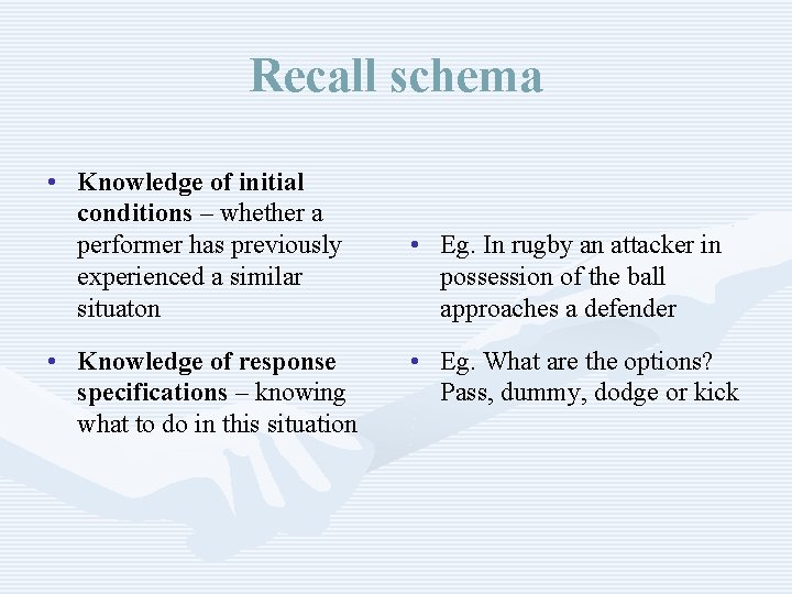 Recall schema • Knowledge of initial conditions – whether a performer has previously experienced