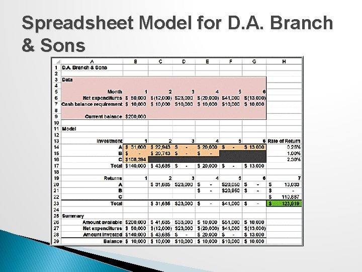 Spreadsheet Model for D. A. Branch & Sons 