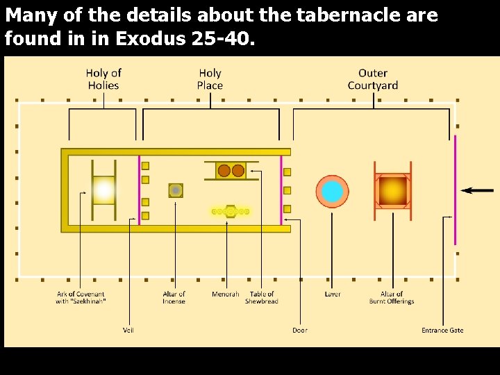 Many of the details about the tabernacle are found in in Exodus 25 -40.