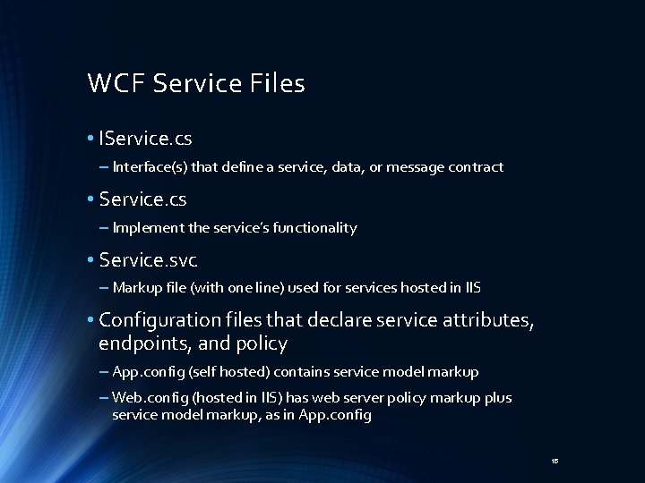 WCF Service Files • IService. cs – Interface(s) that define a service, data, or