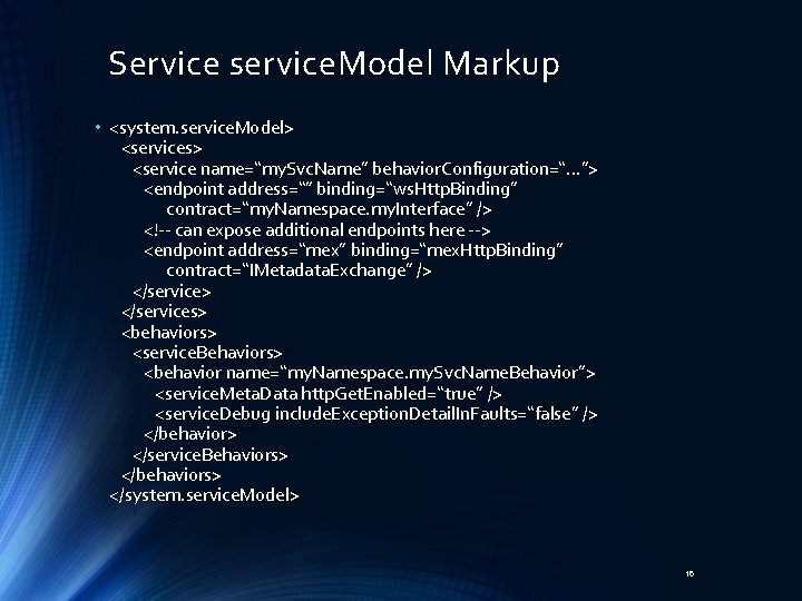 Service service. Model Markup • <system. service. Model> <services> <service name=“my. Svc. Name” behavior.