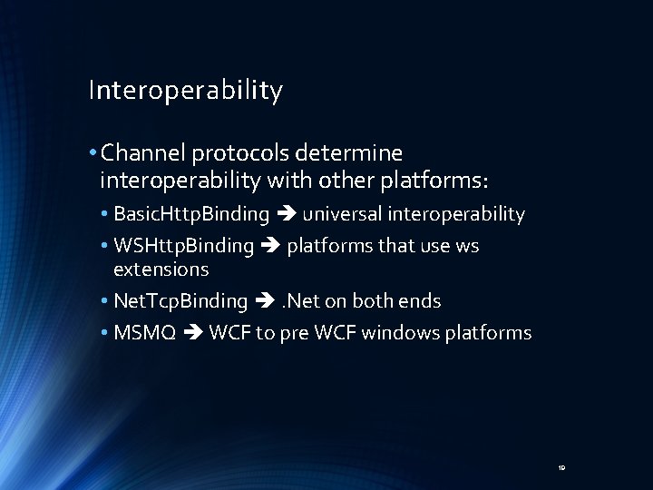 Interoperability • Channel protocols determine interoperability with other platforms: • Basic. Http. Binding universal