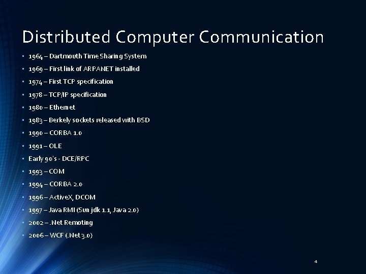 Distributed Computer Communication • 1964 – Dartmouth Time Sharing System • 1969 – First