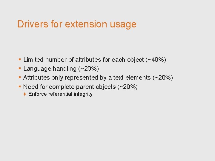 Drivers for extension usage § § Limited number of attributes for each object (~40%)