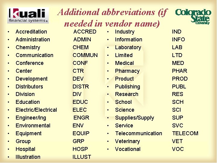  • • • • • Additional abbreviations (if needed in vendor name) Accreditation