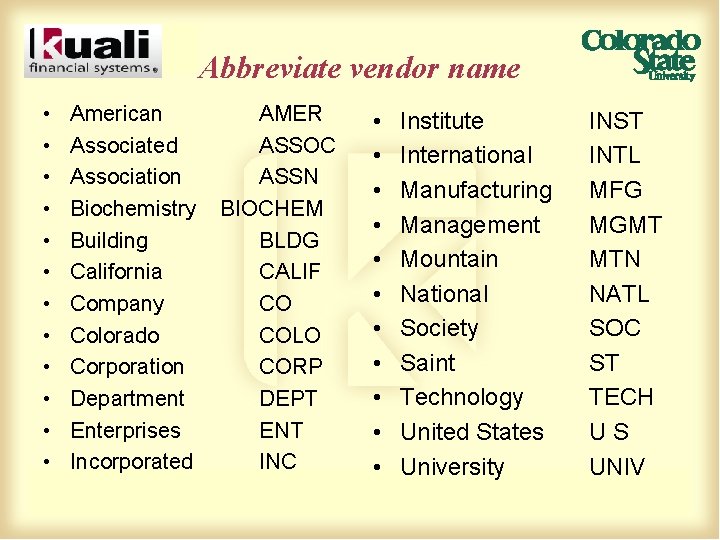 Abbreviate vendor name • • • American AMER Associated ASSOC Association ASSN Biochemistry BIOCHEM