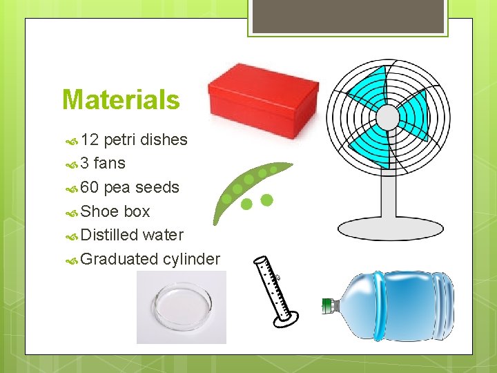 Materials 12 petri dishes 3 fans 60 pea seeds Shoe box Distilled water Graduated