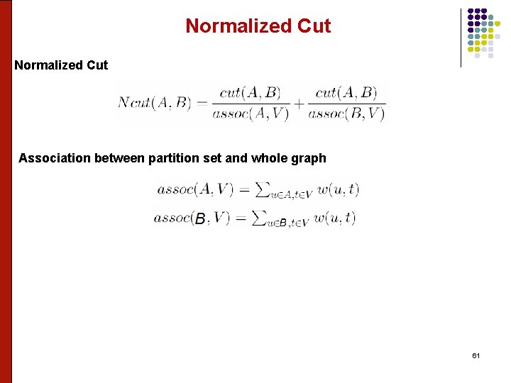 Normalized Cut Association between partition set and whole graph 61 