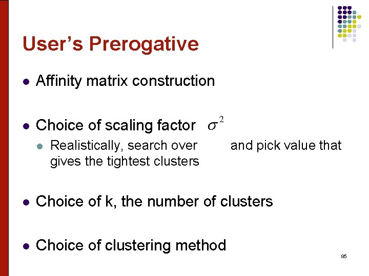 User’s Prerogative l Affinity matrix construction l Choice of scaling factor l Realistically, search