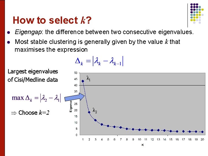 How to select k? l Eigengap: the difference between two consecutive eigenvalues. l Most