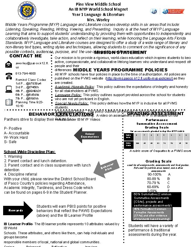 Pine View Middle School An IB MYP World School Magnet Year 1 Language &
