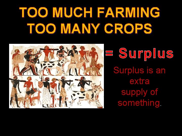 TOO MUCH FARMING TOO MANY CROPS = Surplus is an extra supply of something.