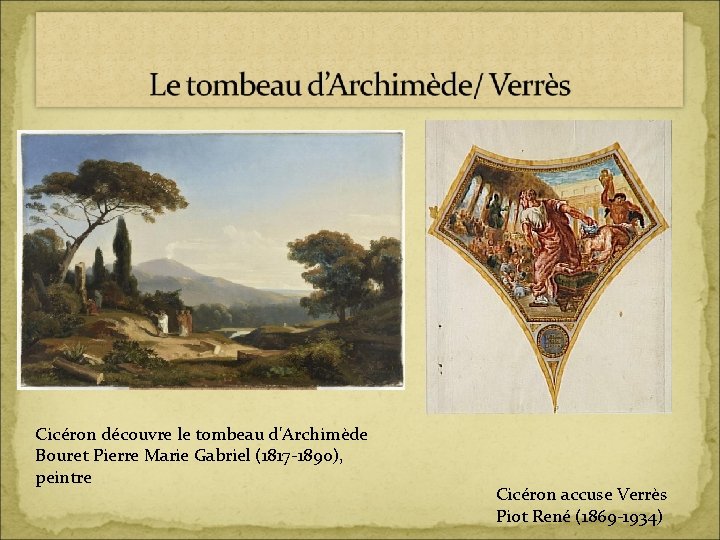 Cicéron découvre le tombeau d'Archimède Bouret Pierre Marie Gabriel (1817 -1890), peintre Cicéron accuse
