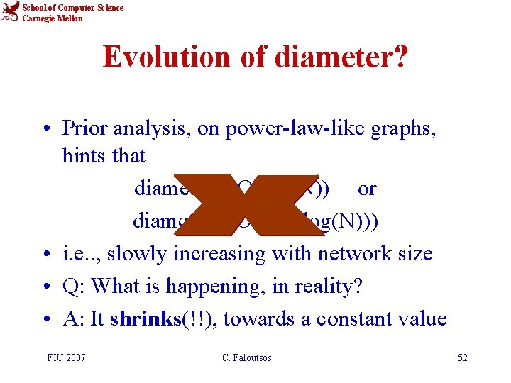 School of Computer Science Carnegie Mellon Evolution of diameter? • Prior analysis, on power-law-like