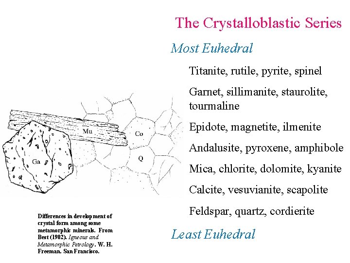 The Crystalloblastic Series Most Euhedral Titanite, rutile, pyrite, spinel Garnet, sillimanite, staurolite, tourmaline Epidote,