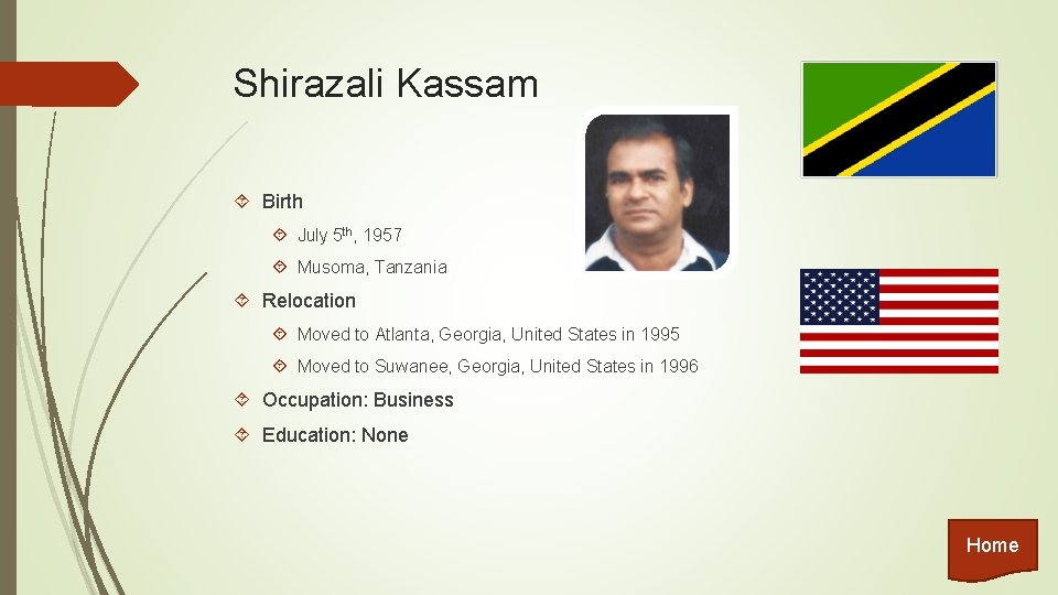 Shirazali Kassam Birth July 5 th, 1957 Musoma, Tanzania Relocation Moved to Atlanta, Georgia,