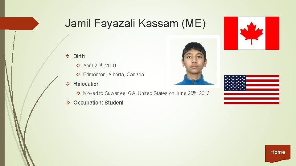 Jamil Fayazali Kassam (ME) Birth April 21 st, 2000 Edmonton, Alberta, Canada Relocation Moved