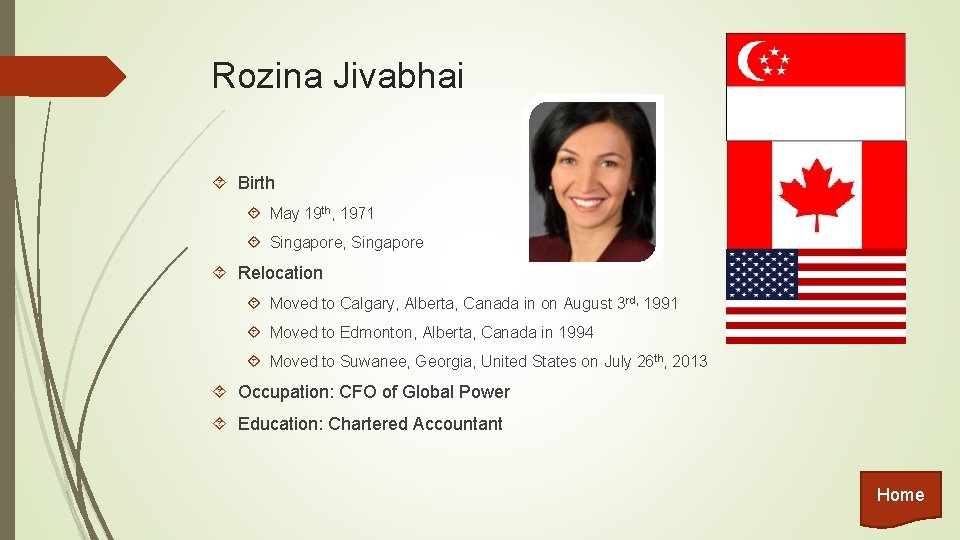 Rozina Jivabhai Birth May 19 th, 1971 Singapore, Singapore Relocation Moved to Calgary, Alberta,