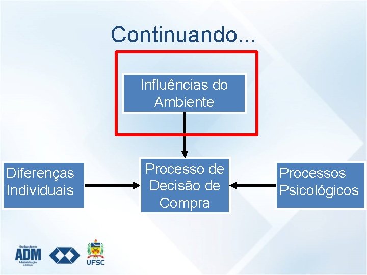 Continuando. . . Influências do Ambiente Diferenças Individuais Processo de Decisão de Compra Processos
