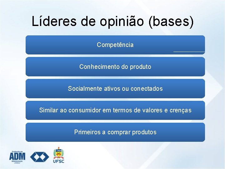 Líderes de opinião (bases) Competência Conhecimento do produto Socialmente ativos ou conectados Similar ao