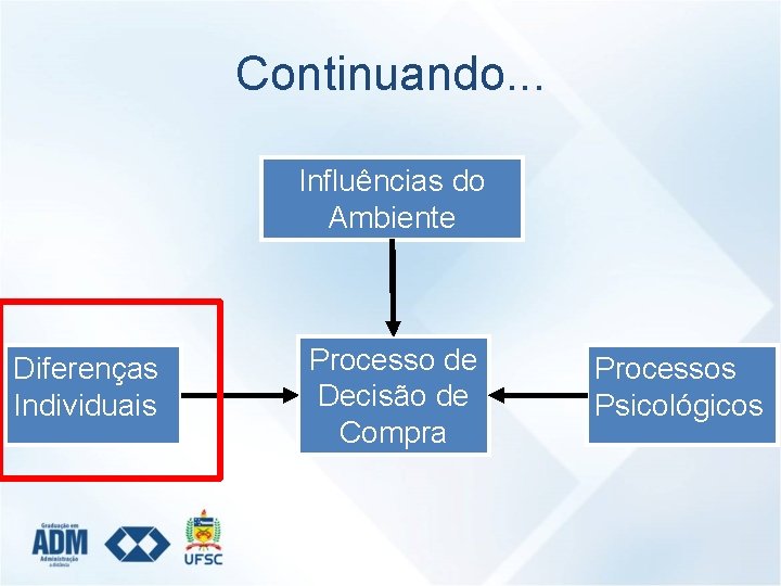 Continuando. . . Influências do Ambiente Diferenças Individuais Processo de Decisão de Compra Processos