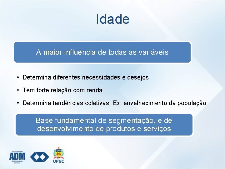 Idade A maior influência de todas as variáveis • Determina diferentes necessidades e desejos