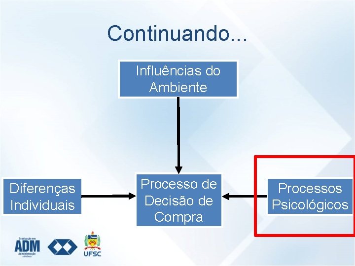 Continuando. . . Influências do Ambiente Diferenças Individuais Processo de Decisão de Compra Processos