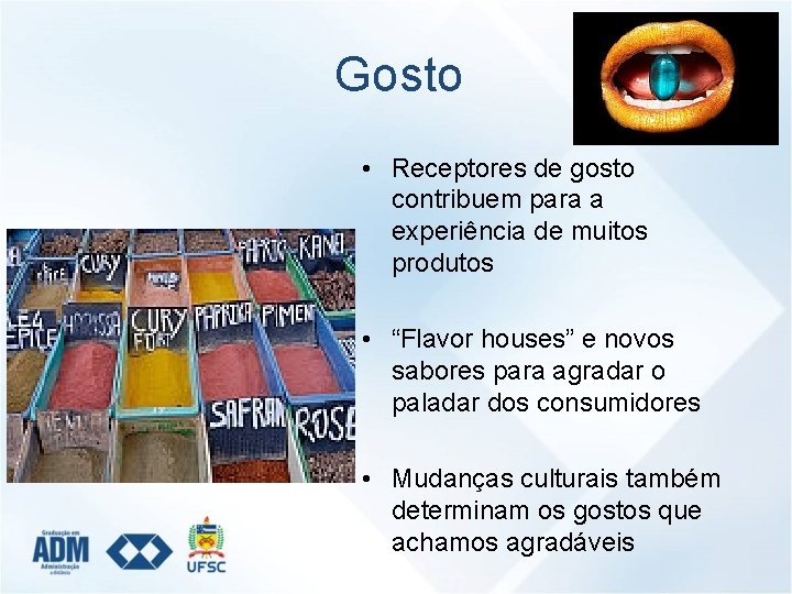Gosto • Receptores de gosto contribuem para a experiência de muitos produtos • “Flavor