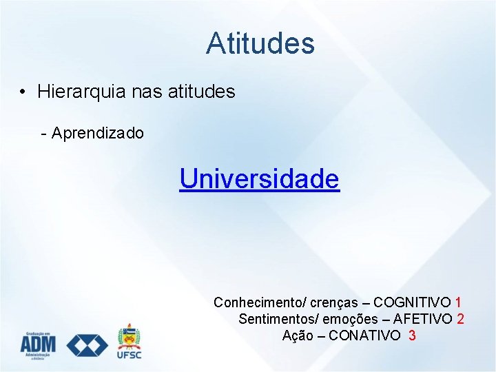 Atitudes • Hierarquia nas atitudes - Aprendizado Universidade Conhecimento/ crenças – COGNITIVO 1 Sentimentos/