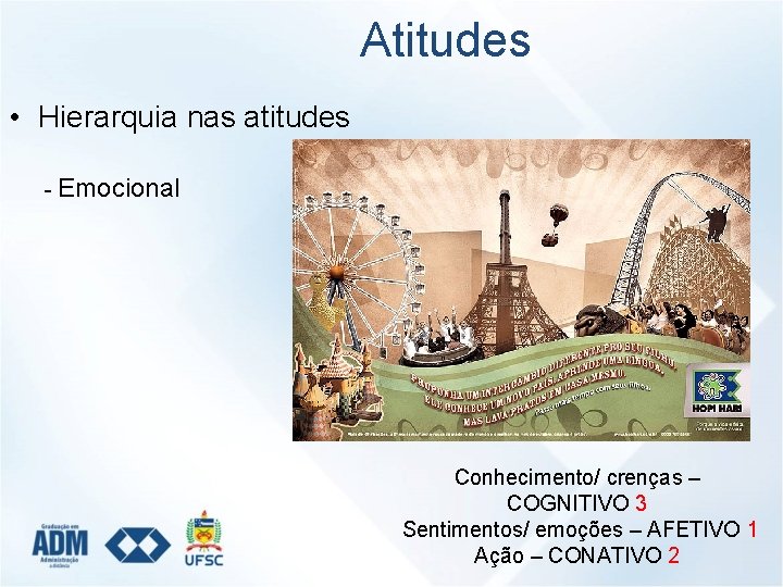 Atitudes • Hierarquia nas atitudes - Emocional Conhecimento/ crenças – COGNITIVO 3 Sentimentos/ emoções