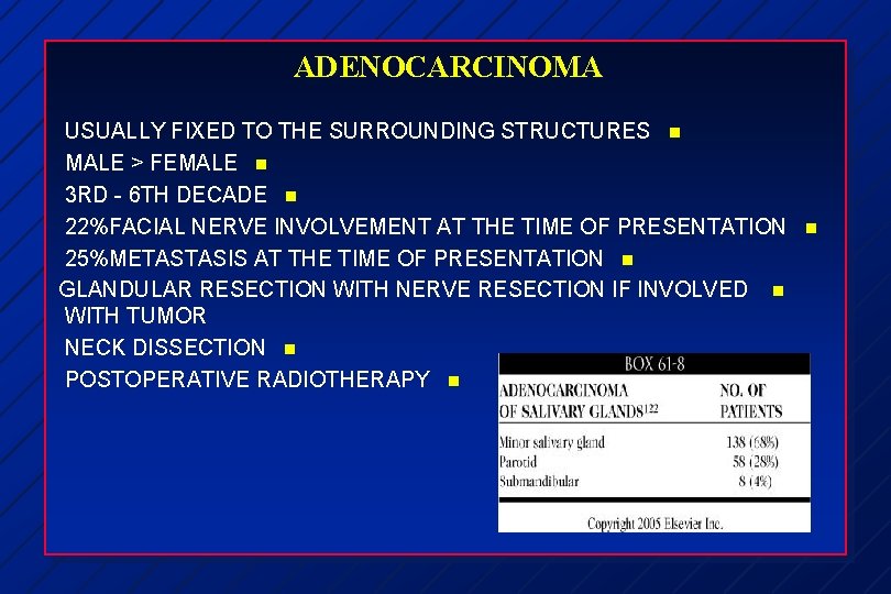 ADENOCARCINOMA USUALLY FIXED TO THE SURROUNDING STRUCTURES n MALE > FEMALE n 3 RD