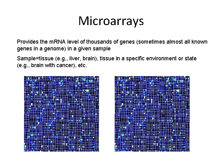 Microarrays Provides the m. RNA level of thousands of genes (sometimes almost all known Microarrays Provides the m. RNA level of thousands of genes (sometimes almost all known