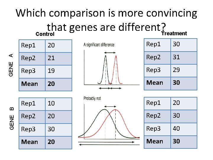 GENE B GENE A Which comparison is more convincing that genes are different? Treatment GENE B GENE A Which comparison is more convincing that genes are different? Treatment