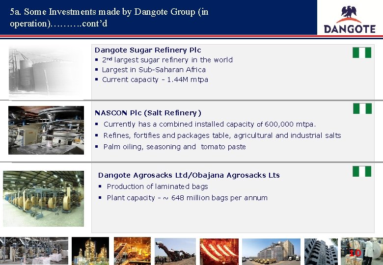 5 a. Some Investments made by Dangote Group (in operation)………. cont’d Dangote Sugar Refinery