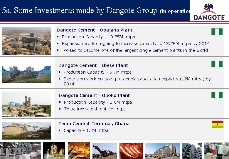 5 a. Some Investments made by Dangote Group (in operation) Dangote Cement - Obajana