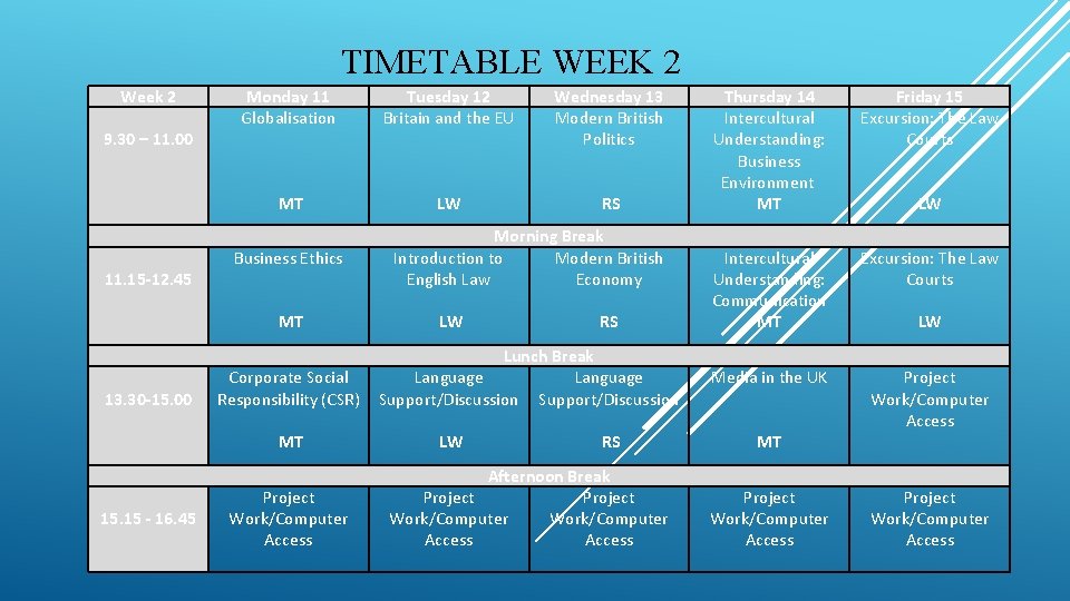 TIMETABLE WEEK 2 Week 2 9. 30 – 11. 00 Wednesday 13 Modern British