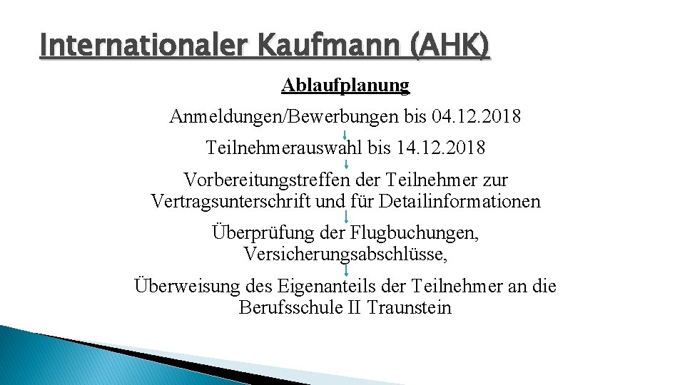 Internationaler Kaufmann (AHK) Ablaufplanung Anmeldungen/Bewerbungen bis 04. 12. 2018 Teilnehmerauswahl bis 14. 12. 2018