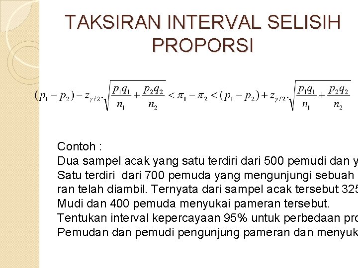TAKSIRAN INTERVAL SELISIH PROPORSI Contoh : Dua sampel acak yang satu terdiri dari 500