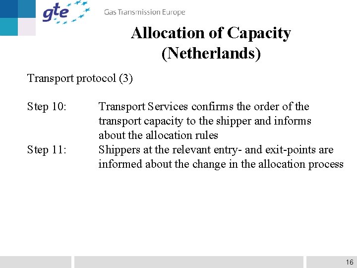Allocation of Capacity (Netherlands) Transport protocol (3) Step 10: Step 11: Transport Services confirms
