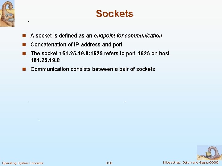 Sockets n A socket is defined as an endpoint for communication n Concatenation of