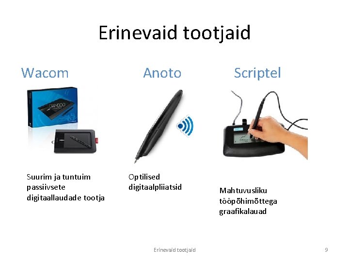 Erinevaid tootjaid Wacom Suurim ja tuntuim passiivsete digitaallaudade tootja Anoto Optilised digitaalpliiatsid Erinevaid tootjaid