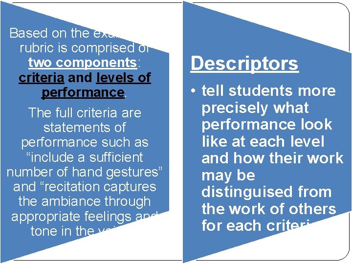 Based on the example, a rubric is comprised of two components: criteria and levels