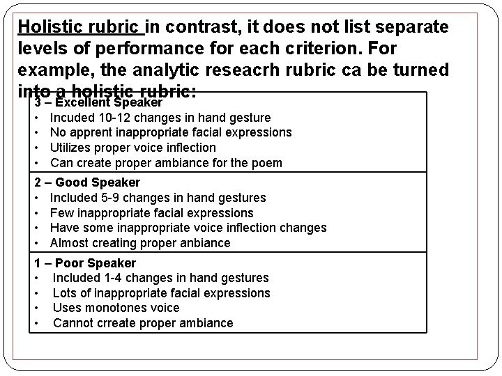 Holistic rubric in contrast, it does not list separate levels of performance for each