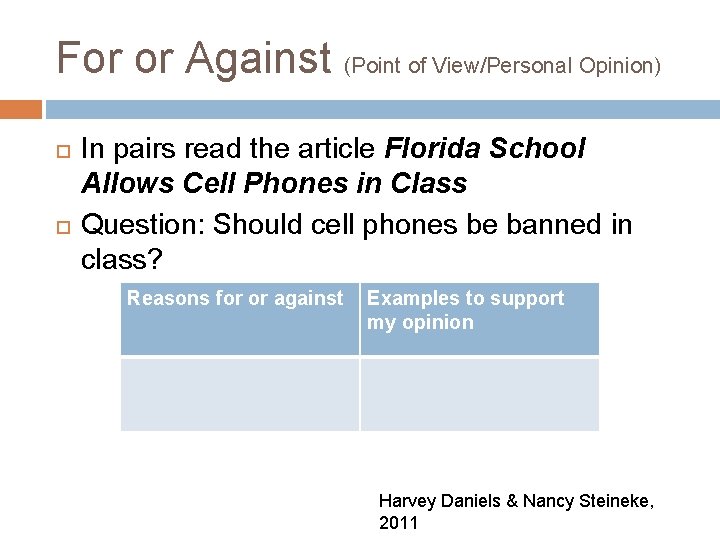 For or Against (Point of View/Personal Opinion) In pairs read the article Florida School
