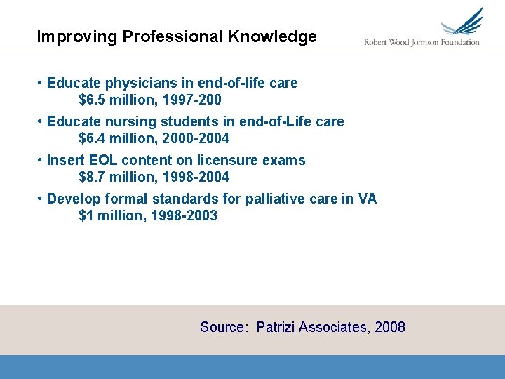 Improving Professional Knowledge • Educate physicians in end-of-life care $6. 5 million, 1997 -200