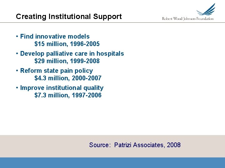 Creating Institutional Support • Find innovative models $15 million, 1996 -2005 • Develop palliative