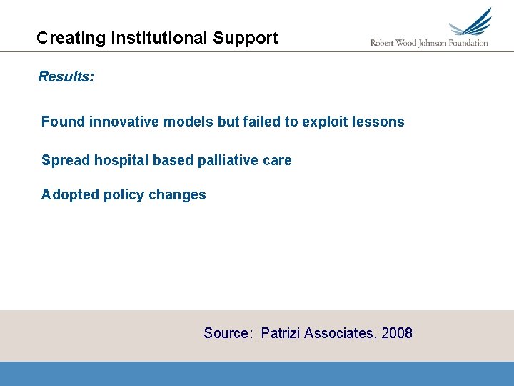 Creating Institutional Support Results: Found innovative models but failed to exploit lessons Spread hospital