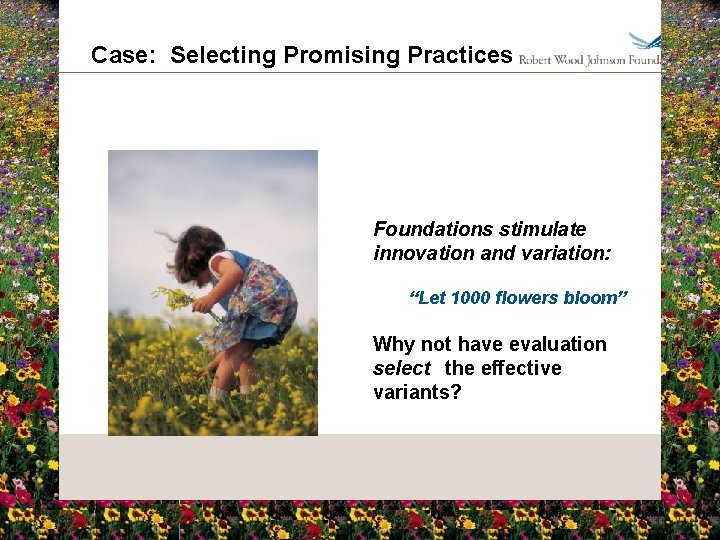 Case: Selecting Promising Practices Foundations stimulate innovation and variation: “Let 1000 flowers bloom” Why